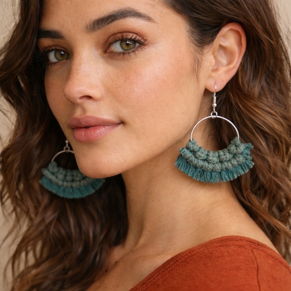 Boho Handcrafted‎ Green Macrame Hoop Earrings